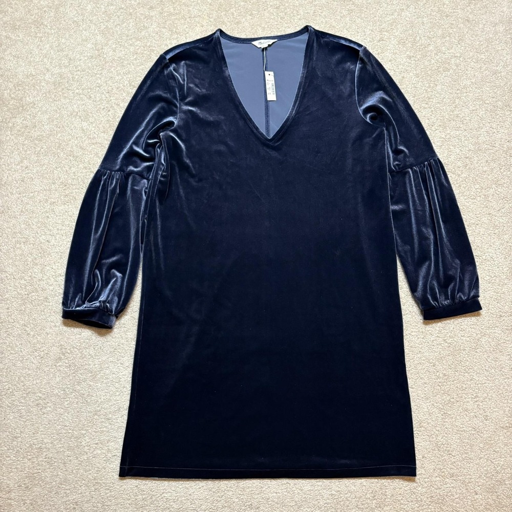 NWT Madewell Dress Womens Small Blue Velvet Shift V-Neck‎ Balloon Sleeve Mini